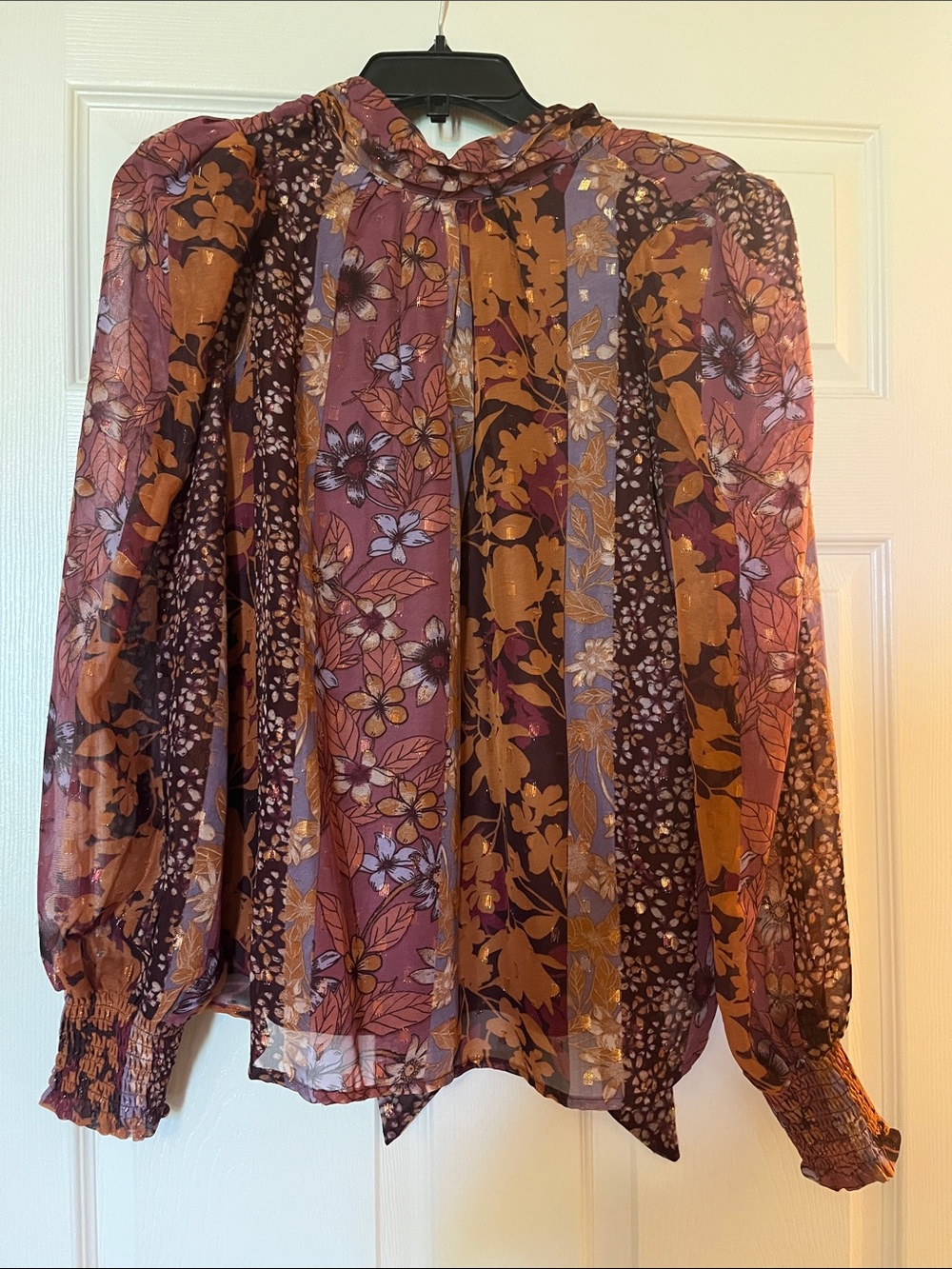 Floral Puff-Sleeve Blouse - Mauve & Mustard with Gold Accents